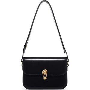 New La Festin Black Leather Adjustable Shoulder Strap Gold Latch Purse Handbag